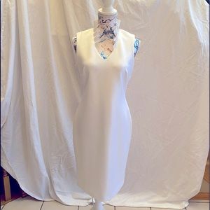 Lauren Ralph Lauren fitted white dress, frills on V-neck, size 8, back zipper.